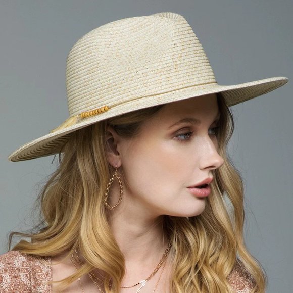 Dainty NYC Accessories - Ivory Duo Tone Panama Hat Wood Bead Bow Accent